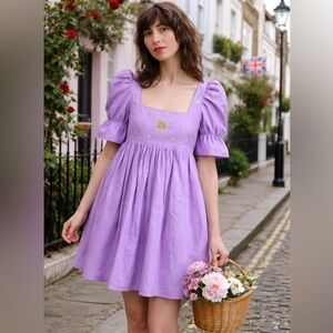 Mary Benson Starlight Lilac Purple Puff Sleeve Babydoll Dress XL Made in UK